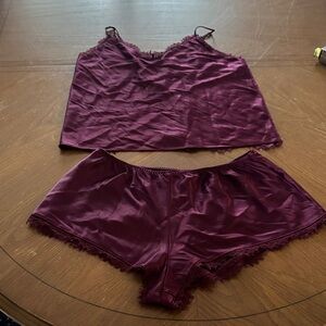 Victoria's Secret Satin Lace Cami Shorts Lingerie Pajama Set Burgundy Purple M